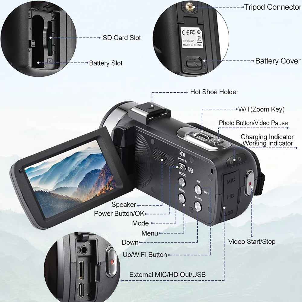 8K Digital Camera 3 Inch LCD Touch Screen 64MP 18x Digital Zoom Video Camera Recorder Ultra HD WIFI Portable Recording Camcorder