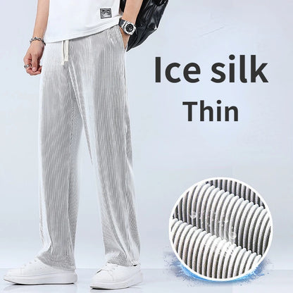 Summer Straight Pants Men's Loose Thin Section Drape Ice Silk Pants Wide Leg Sports Pants Casual Pants Fits 100kg