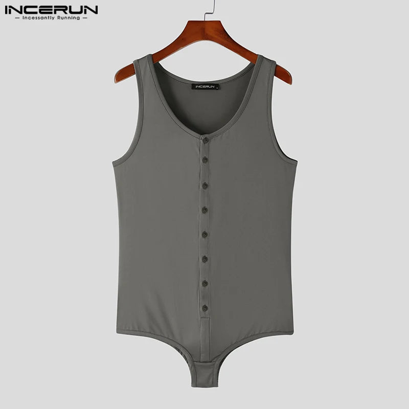 INCERUN 2023 Summer Men Bodysuits Solid O-neck Sleeveless Button Up Rompers Pajamas Skinny Sexy Male Bodysuit Underwear S-5XL 7