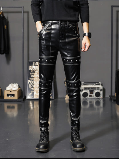 2024 New Winter Spring Mens Skinny Biker Leather Pants Fashion Faux Leather Motorcycle Trousers for Male Trouser Stage Club Wear