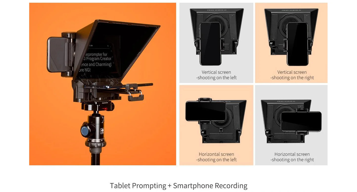 FEELWORLD TP2 Portable 8-inch Teleprompter Supports up to 8" Smartphone/DSLR Shooting with Bluetooth Control Lens Adapter Rings