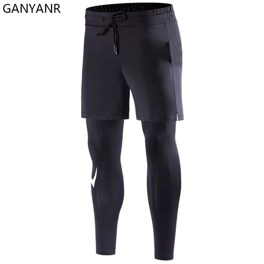 GANYANR Running Tights Men Fitness Training Track Suit Compression With Pockets winter Legging Cargo pants Sports gym 2in1 sport