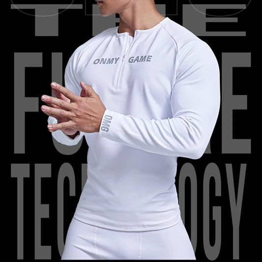 Men Sports Fitness Top Long Sleeve Zipper Neck Streetwear