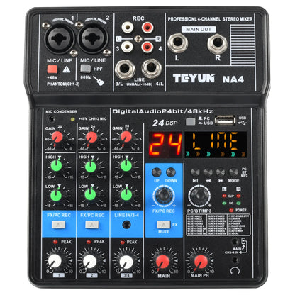 TEYUN 4 Channel Mixing Console 48V Bluetooth Sound Table 24 DSP Effects USB Computer Record Play Live Broadcast Audio Mixer NA4