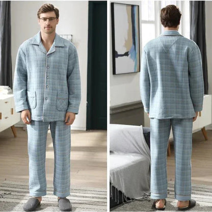 Fall & Winter Thicken Men's Pajama Sets Simple Warm Sleepwear Cotton Top Pant Leisure Outwear Soft Plus Size Loungewear 2024