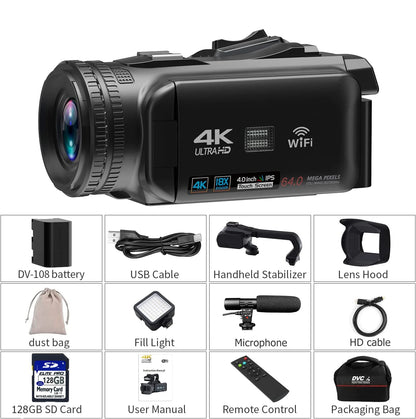 WIFI Camcorder 4K Video Camera 64MP 60FPS HD Auto Focus Vlogging 4.0" Touch Screen 18X Zoom for Live Streaming