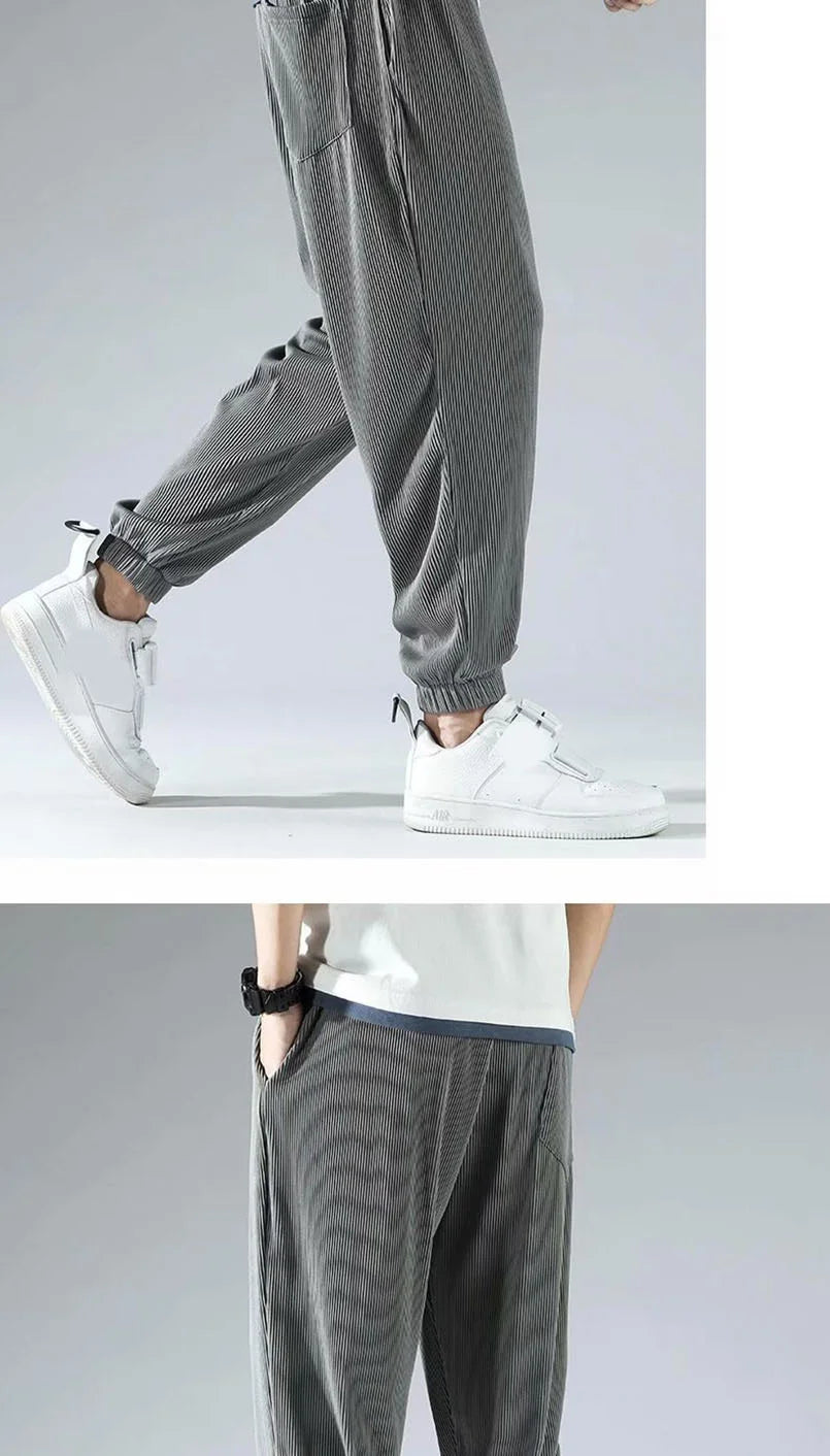 Summer Invisible Zipper Open Crotch Ice Silk Jogger Pants Thin Harem Male Oversized Sportswear Trousers