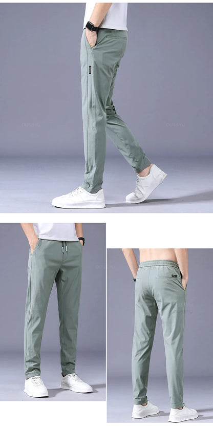 2024 Men's Trousers Spring Summer New Ultrathin Green Solid Color Fashion Pocket Applique Full Length Casual Work Pants Pantalon