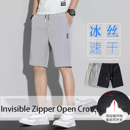 Summer Men Invisible Zipper Open Crotch Shorts Sports Casual Black Plus Size Loose Pants Trousers