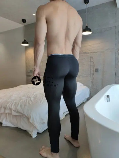 Sexy Mens Grey Ultra-thin Transparent Leggings Long Johns Lounge Tight Pants Underwears