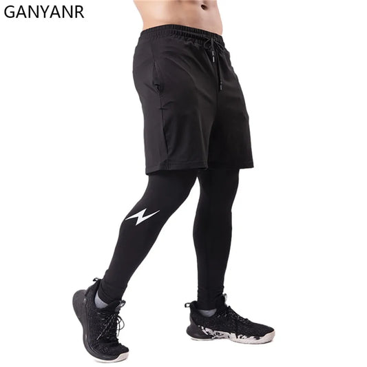 GANYANR Running Tights Men Fitness Training Track Suit Compression With Pockets winter Legging Cargo pants Sports gym 2in1 sport