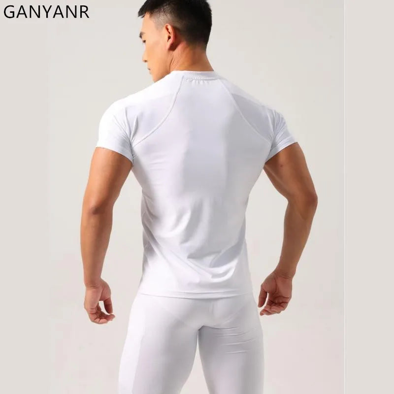 GANYANR Running T-Shirt Man Short Sleeve Fitness Compression Sports Active Wear Sportswear Gym Training Quick Dry Tee Jogging