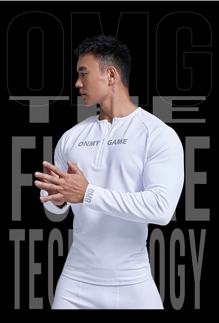 Men Sports Fitness Top Long Sleeve Zipper Neck Streetwear