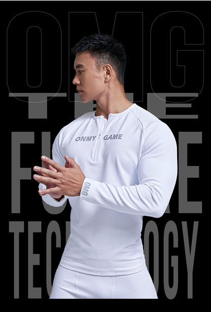 Men Sports Fitness Top Long Sleeve Zipper Neck Streetwear