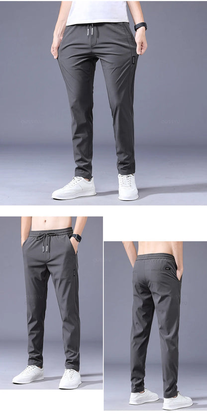 2024 Men's Trousers Spring Summer New Ultrathin Green Solid Color Fashion Pocket Applique Full Length Casual Work Pants Pantalon