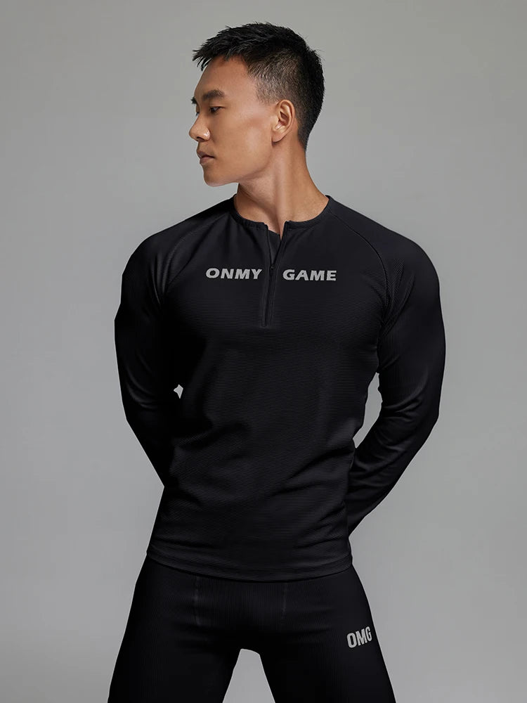 Men Sports Fitness Top Long Sleeve Zipper Neck Streetwear