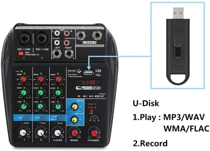 TEYUN A4 Audio Mixer 4-Channel Sound Mixing Console A8 Support Bluetooth USB 48V Power for Karaoke Party Recording Webcasting