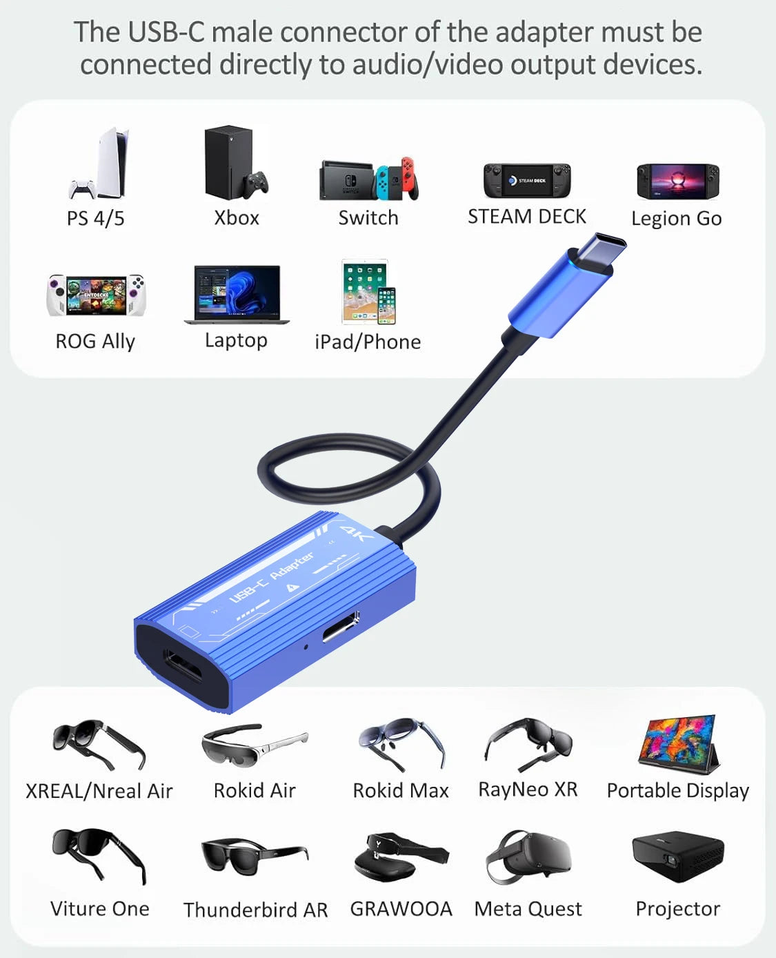 USB C to C Video Converter 4K@60Hz Display Adapter with PD100W for Laptop Switch to XREAL/VITURE One/RayNeo AR Glasses Monitor