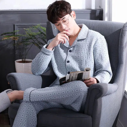 Fall & Winter Thicken Men's Pajama Sets Simple Warm Sleepwear Cotton Top Pant Leisure Outwear Soft Plus Size Loungewear 2024