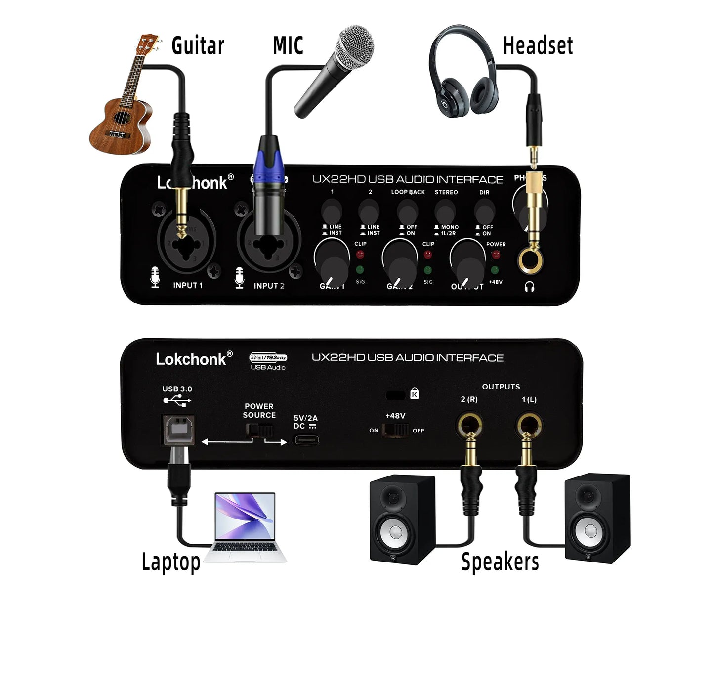 UX22 Audio Interface Sound Card 32-bit/192KHz AD Converter, Electric Guitar Live Recording Professional Studio Singing, Podcast