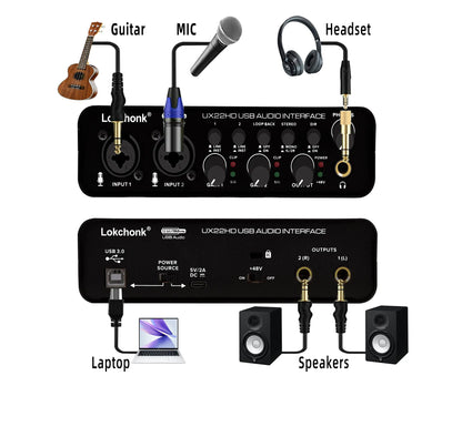 UX22 Audio Interface Sound Card 32-bit/192KHz AD Converter, Electric Guitar Live Recording Professional Studio Singing, Podcast