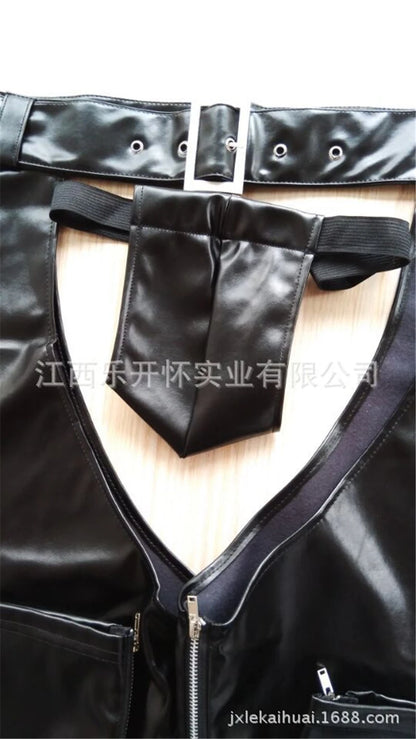 Faux Leather Fetish Gay Open Crotch Chaps Sexy Latex Men Wetlook Wear Sissy Lingerie Crotchless Pants with Thongs for Man