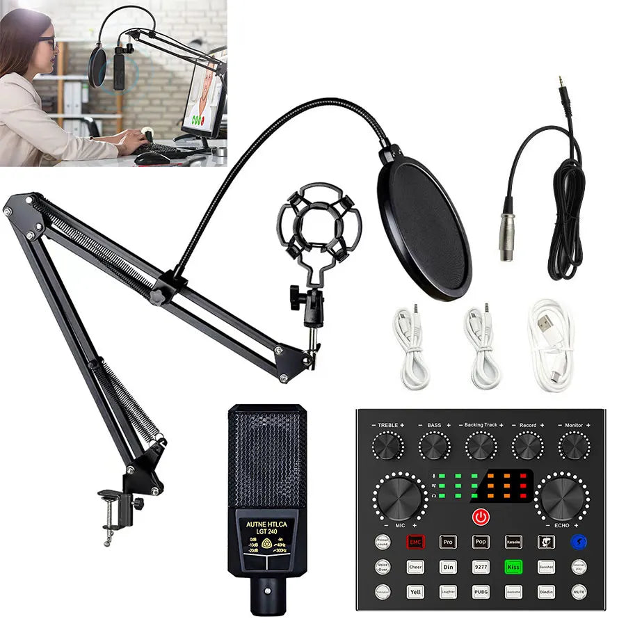 Professional Podcast Music Studio Recording Karaoke Condenser Microphone Game Live Broadcast KTV Sound Audio Card Kit for Stream