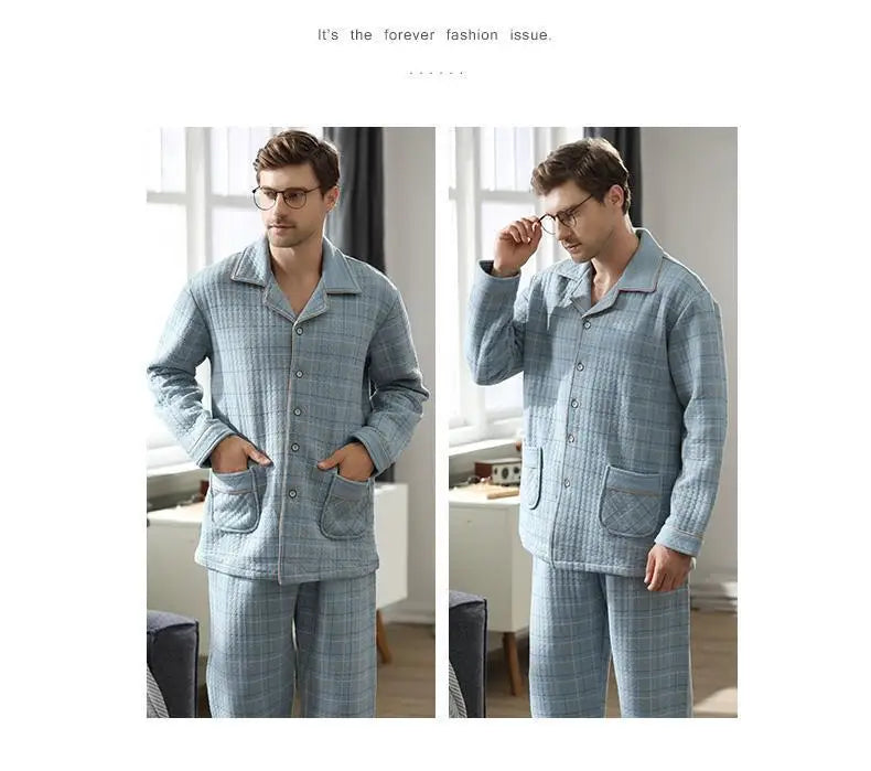 Fall & Winter Thicken Men's Pajama Sets Simple Warm Sleepwear Cotton Top Pant Leisure Outwear Soft Plus Size Loungewear 2024