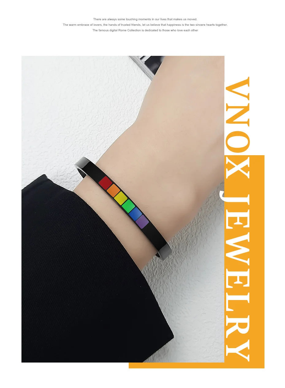 Vnox Stylish Rainbow Color Cuff Bangle Bracelets for Men Women Jewelry Stainless Steel Pink LGBT Pride Gifts Accessory