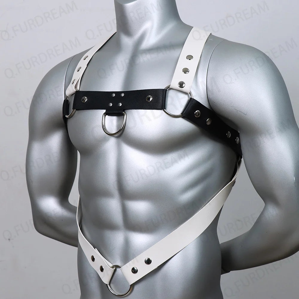 Men Black White Faux Leather Metal Rings Body Chest Harness Punk Male Leather Bondage Costume Sexy Gay Club Rave Straps Crop Top