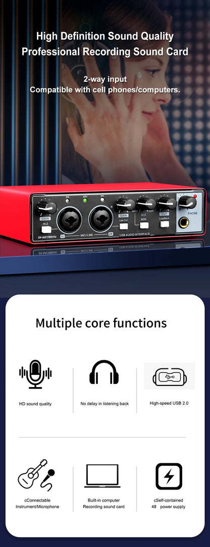 2-channel audio interface sound card with display, professional recording studio mixer for electric guitar on-site recording, 24