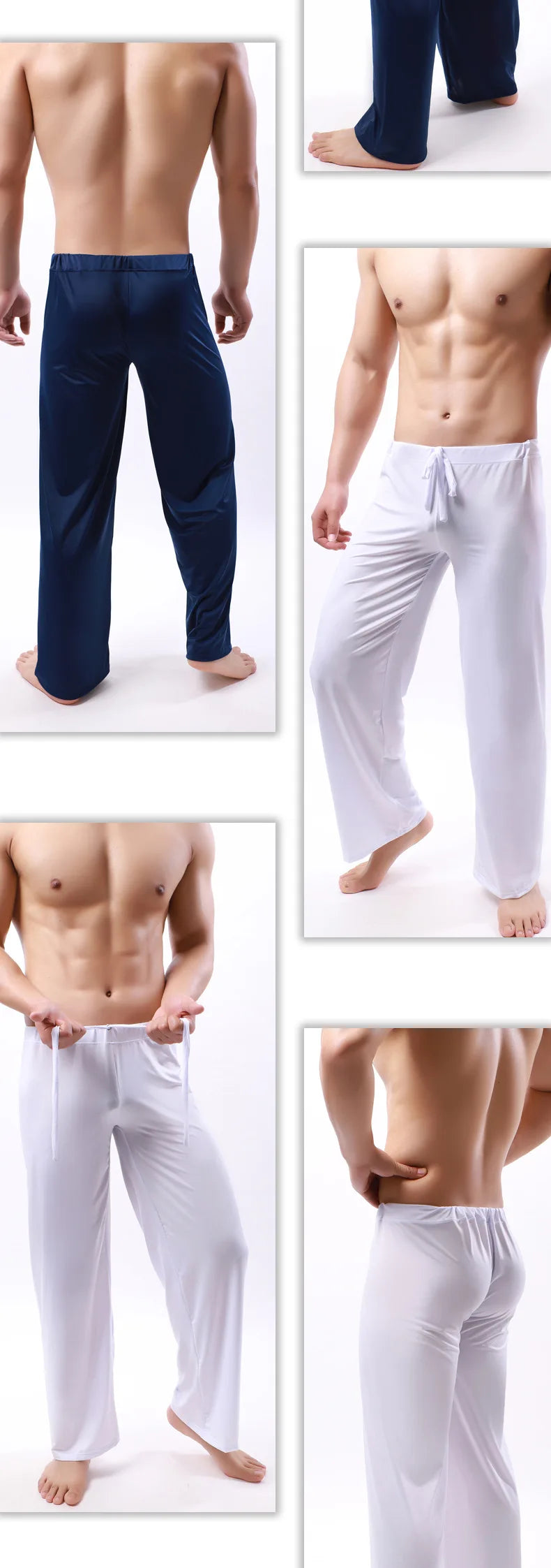 Sexy Men's Casual Pyjama Pants Solid Color Ice Silk Drawstring Elastic Waist Loose-Fitting Yoga Trouser Lounge Pajama Pants