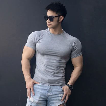 Gym Men's Summer Fitness Sports Casual Slim Men's T-shirt Short Sleeve Slim Muscle Outdoor Fashion Bodybuilding Tight Clothing