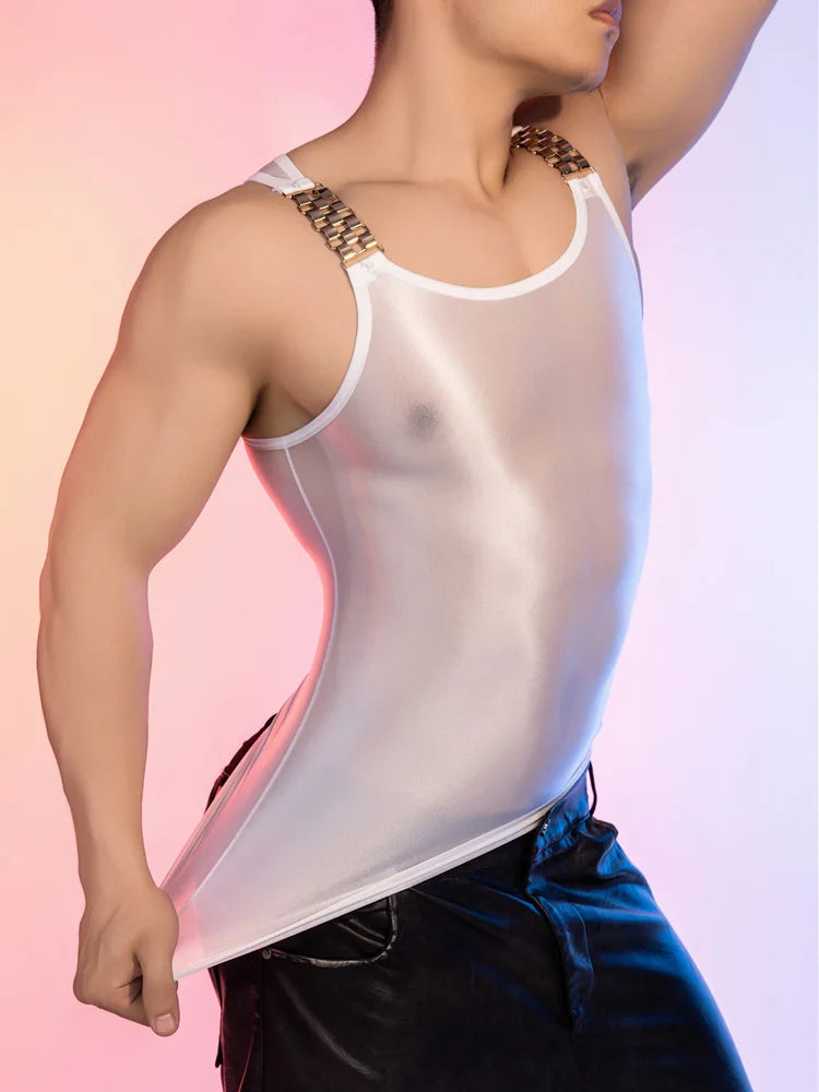 Sexy Men Oil Glossy Shiny Tank Tops Stain Smooth Strap Vest Sheer See Through Fashion Top High Elastic Sleeveless Shirt