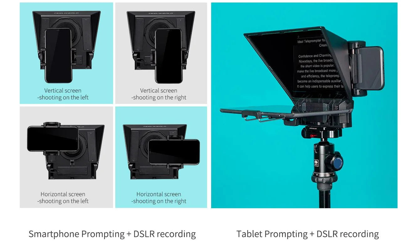 FEELWORLD TP2 Portable 8-inch Teleprompter Supports up to 8&quot; Smartphone/DSLR Shooting with Bluetooth Control Lens Adapter Rings