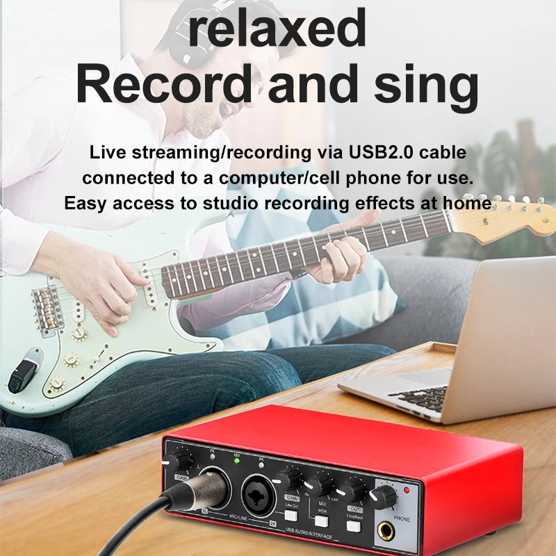 2-channel audio interface sound card with display, professional recording studio mixer for electric guitar on-site recording, 24