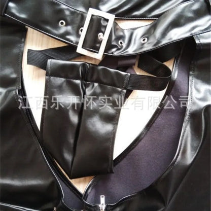 Faux Leather Fetish Gay Open Crotch Chaps Sexy Latex Men Wetlook Wear Sissy Lingerie Crotchless Pants with Thongs for Man