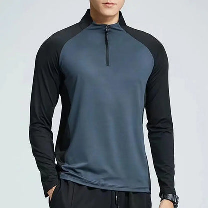 Men's  Long Sleeved Slim Fit Track Top With Half Zipper Stand Up Collar.