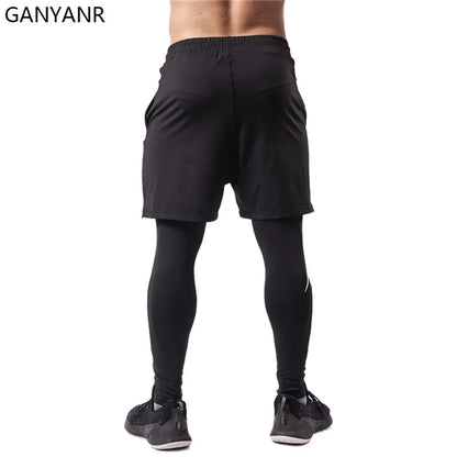 GANYANR Running Tights Men Fitness Training Track Suit Compression With Pockets winter Legging Cargo pants Sports gym 2in1 sport