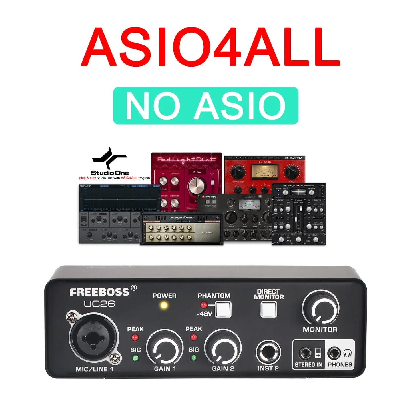 FREEBOSS PC Recording Sound Card Drive Free 5 Channels DIR Monitor Computer External Audio Interface Guitar ASIO4ALL Mac OS UC26