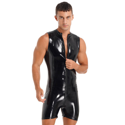 Mens Wet Look Zipper Bodysuit One Piece Patent Leather Sleeveless Jumpsuits Rave Pole Dancing Stage Performance Costume Clubwear