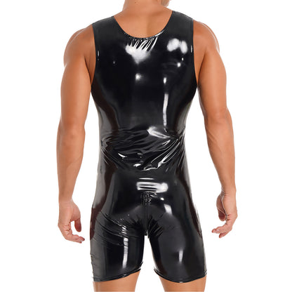 Mens Black Tank Sleeveless Zipper Patent Leather Glossy Round Neck Sleeveless Jumpsuits Club Stage Performance Costume Bodysuit