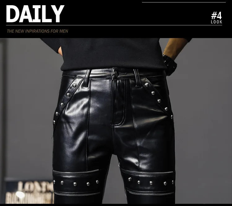 2024 New Winter Spring Mens Skinny Biker Leather Pants Fashion Faux Leather Motorcycle Trousers for Male Trouser Stage Club Wear