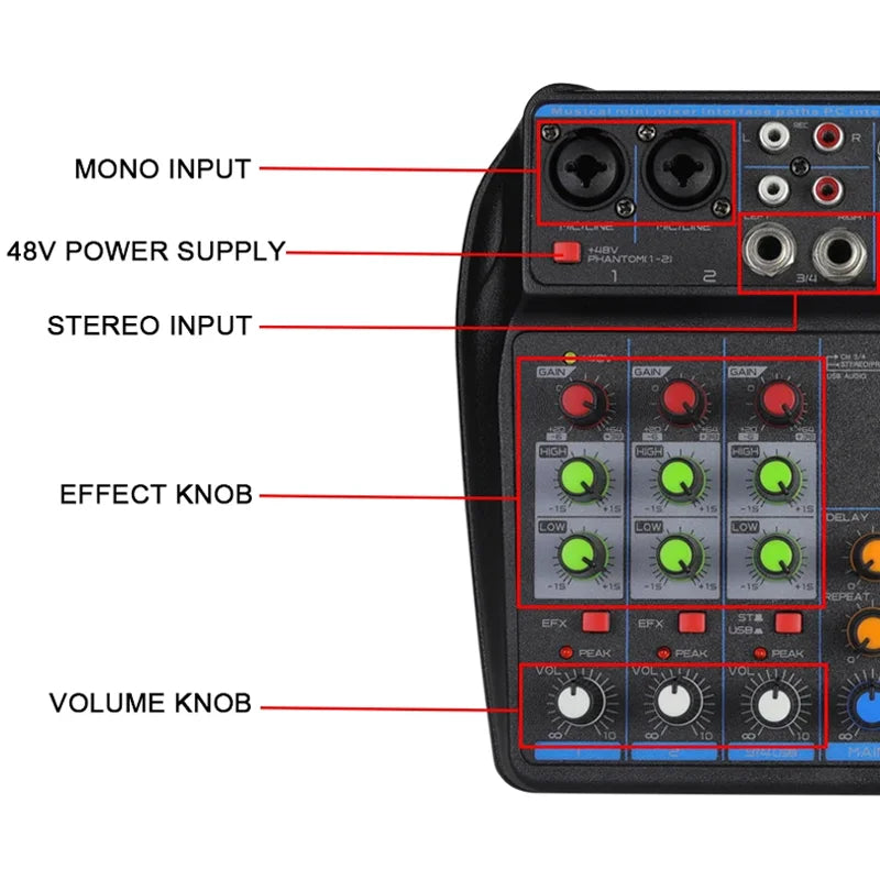 BOMGE 4 MINI Channel Mixer DJ Mixing Console with Bluetooth 48V Phantom Power Monitor Karaoke System USB Mixer Audio