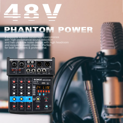 4 Channels Audio Sound Mixer Mixing DJ Console USB with 48V Phantom Power 16 DSP Effects