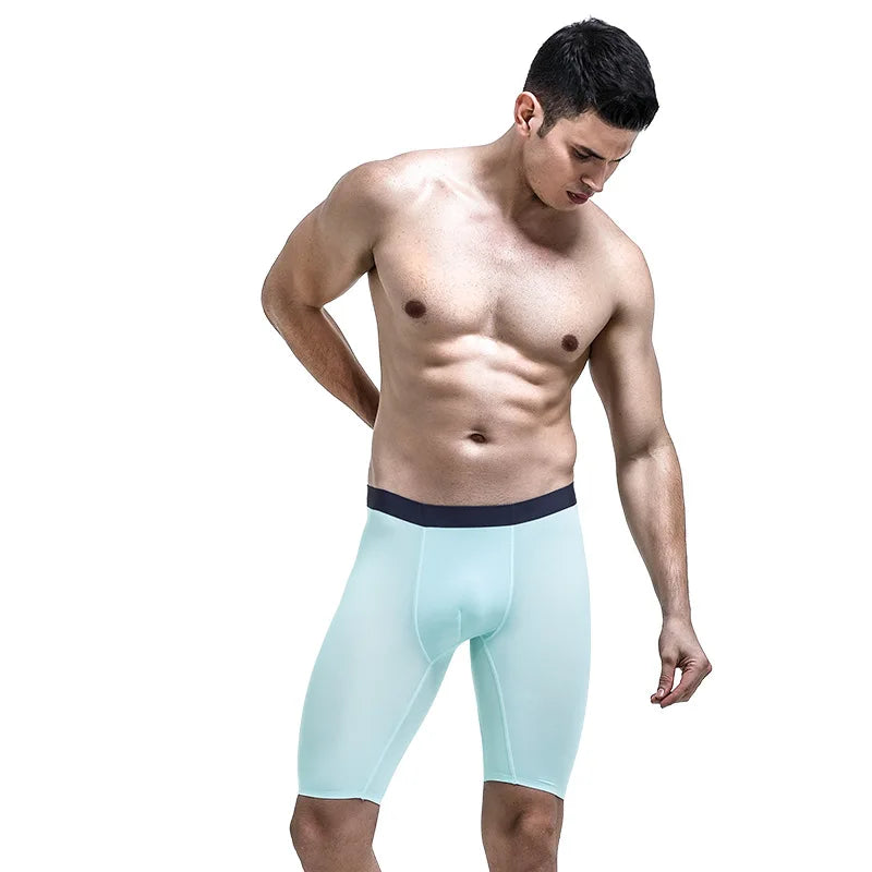 Men's Thin Ice Silk Breathable Pouch Middle Long Leg Boxers