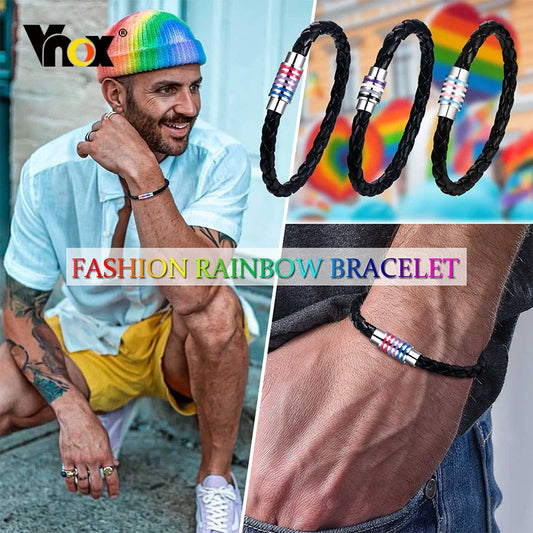 Vnox Rainbow Woven Leather LGBTQ Bracelets, Lesbians Gays Bisexuals Bracelet,Braided Pride Men Women Couple Friendship Jewelry