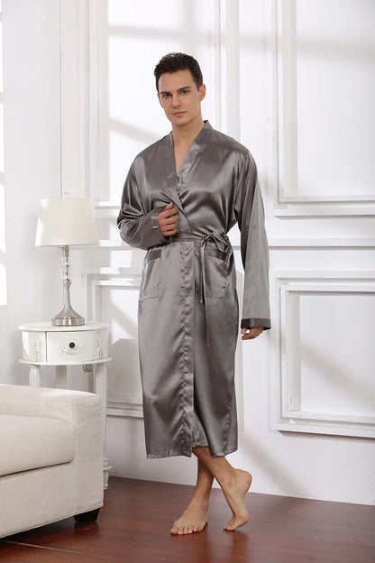 Plus Size Male Sleepwear Kimono Bath Robe Gown Gray Long Sleeve V-Neck Nightwear with Belt Pocket Spring Summer Men Home Clothes