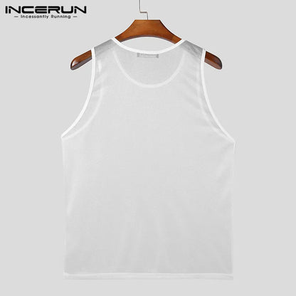 Men Tank Tops Solid O-neck Sleeve Mesh Transparent Sexy Vests Streetwear 2024 Fashion Party Casual Men Clothing S-5XL INCERUN