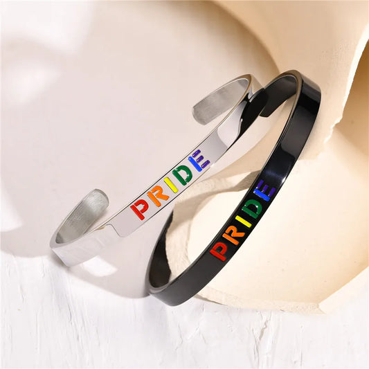 MKENDN Black Rainbow Pride Charm Cuff Bangle Bracelets for Men Women Jewelry Stainless Steel LGBT Pride Gifts Accessory